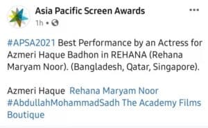 Badhan wins best actress award at APSA
