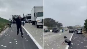 Commuters stop on US freeway to scoop wads of cash lying on road