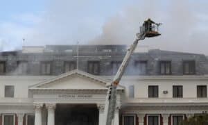 Huge fire brings down roof at South Africa parliament