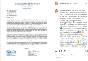 Britney Spears shares letter sent to her by US Congress