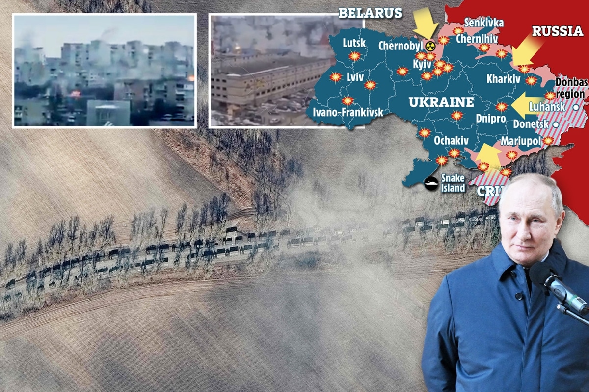 PUTIN'S BLITZ Putin carpet-bombs Kharkiv killing nine and injuring 37 as he sends 3-mile convoy towards Kyiv despite peace talks