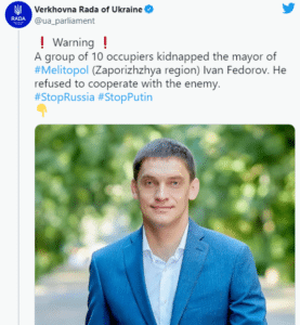 Ukraine's Zelensky claims 'kidnapped' Melitopol mayor alive, being tortured by Russians