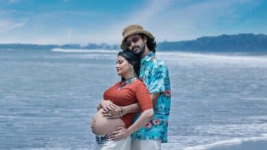 Photo of Pori Moni shows her open baby bump in maternity photoshoot at Cox Bazar Sea beach.