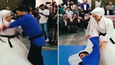 Photo of Couple showcase their judo skills at wedding ceremony