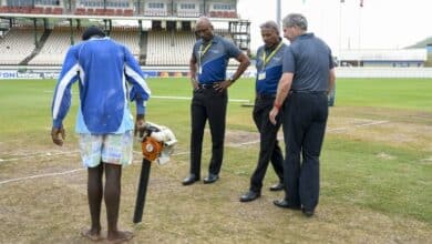 Photo of West Indies victory push against Bangladesh stalled by wet outfield