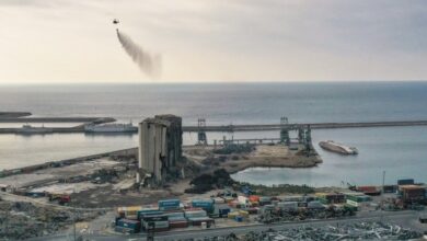 Photo of Beirut’s blast-damaged grain silos partially collapse