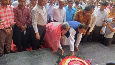 Photo of Education Minister-Deputy Minister and VC laying wreath at Sheikh Russell’s portrait
