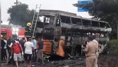 Photo of 11 dead, 38 injured after bus hits truck, catches fire in India